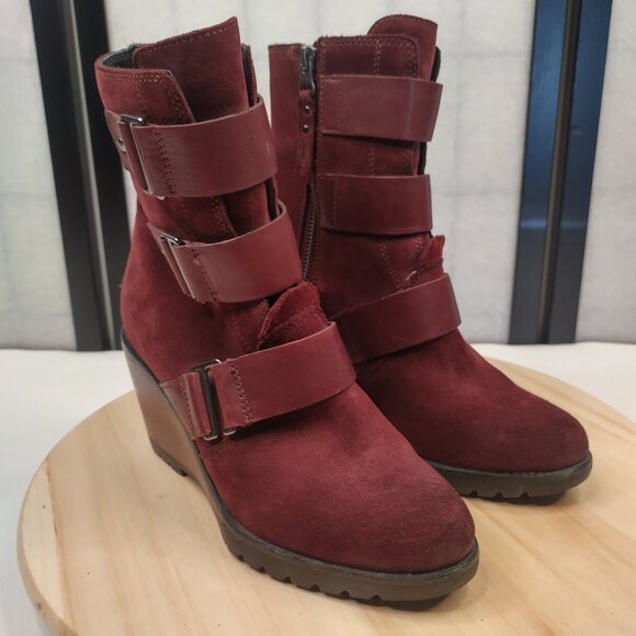 Sorel After Hours Wedge Bootie Ankle Boots Moto Boho Burgundy Women US 7 - Picture 2 of 12